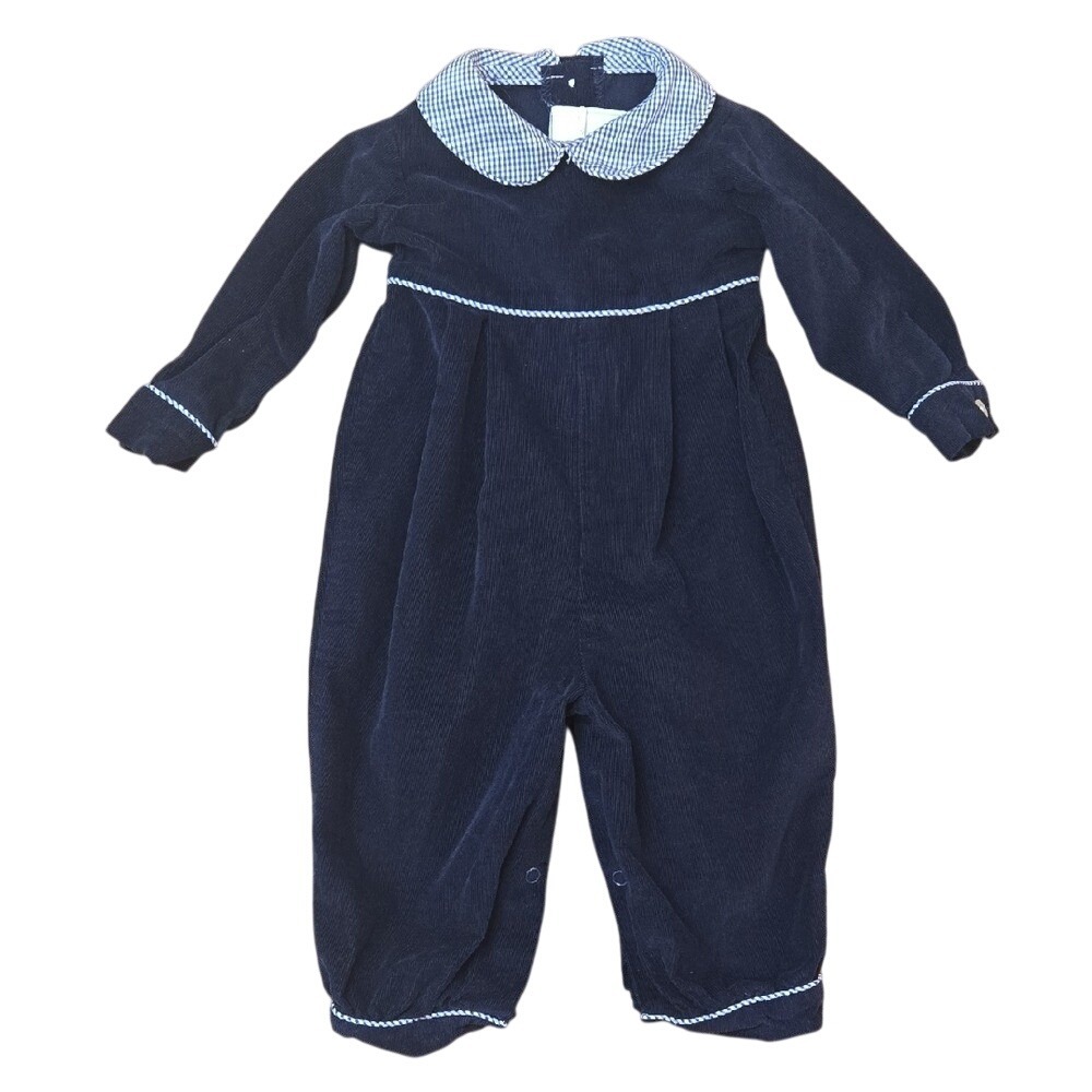 Zuccini Kids Baby Girl Navy Blue Corduroy Pleated Plaid Romper 100% Cotton 3Mo